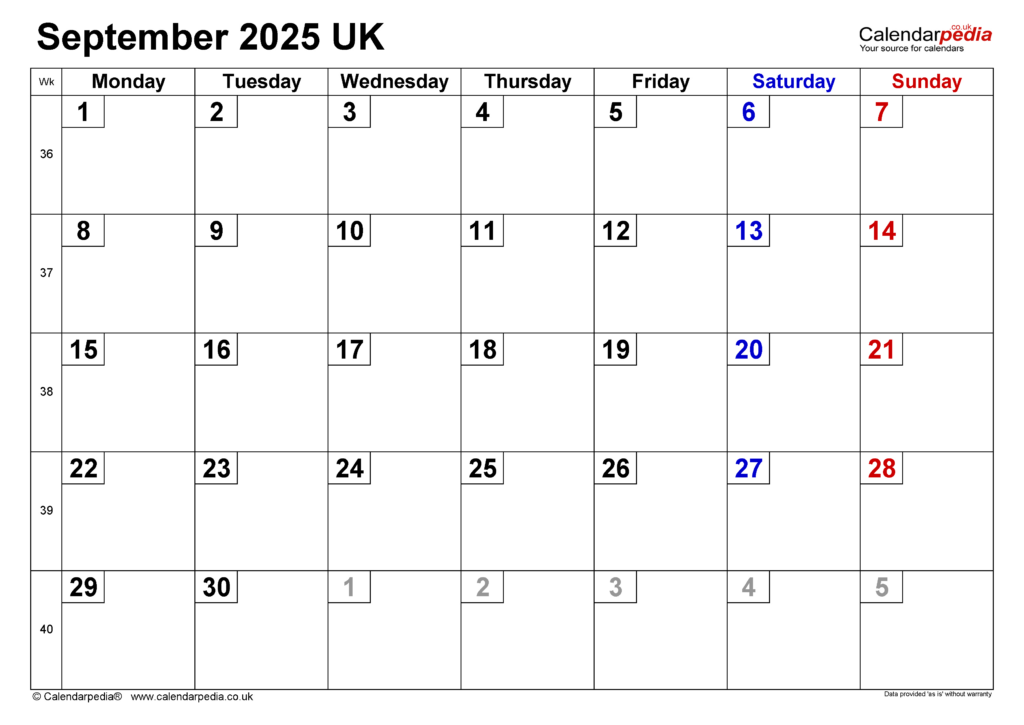 Calendar September 2025 Uk With Pdf, Excel And Word Templates With Printable Calendar September 2025 UK