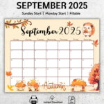 Editierbarer Kalender September 2025, Herbstfarben, Druckbarer With September 2025 Calendar Fall