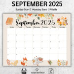 Editierbarer September 2025 Kalender, Druckbarer September Planer Throughout September 2025 Calendar Etsy
