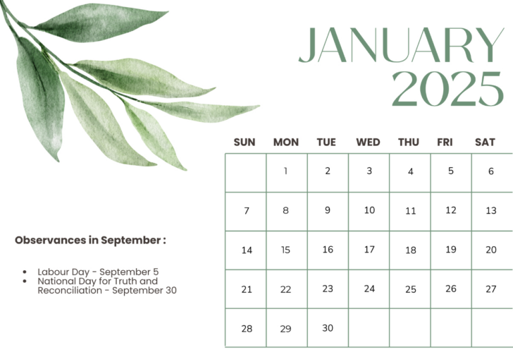 September 2025 Calendar with Holidays Canada