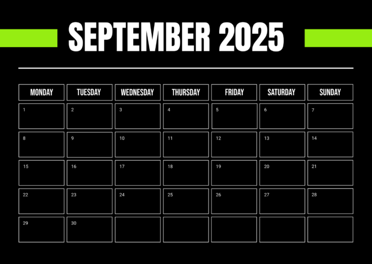 September 2025 Calendar Black Background