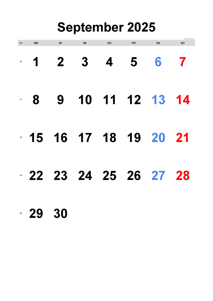 Kalender September 2025 Zum Ausdrucken (Pdf, Xls, Png) Throughout September September 2025