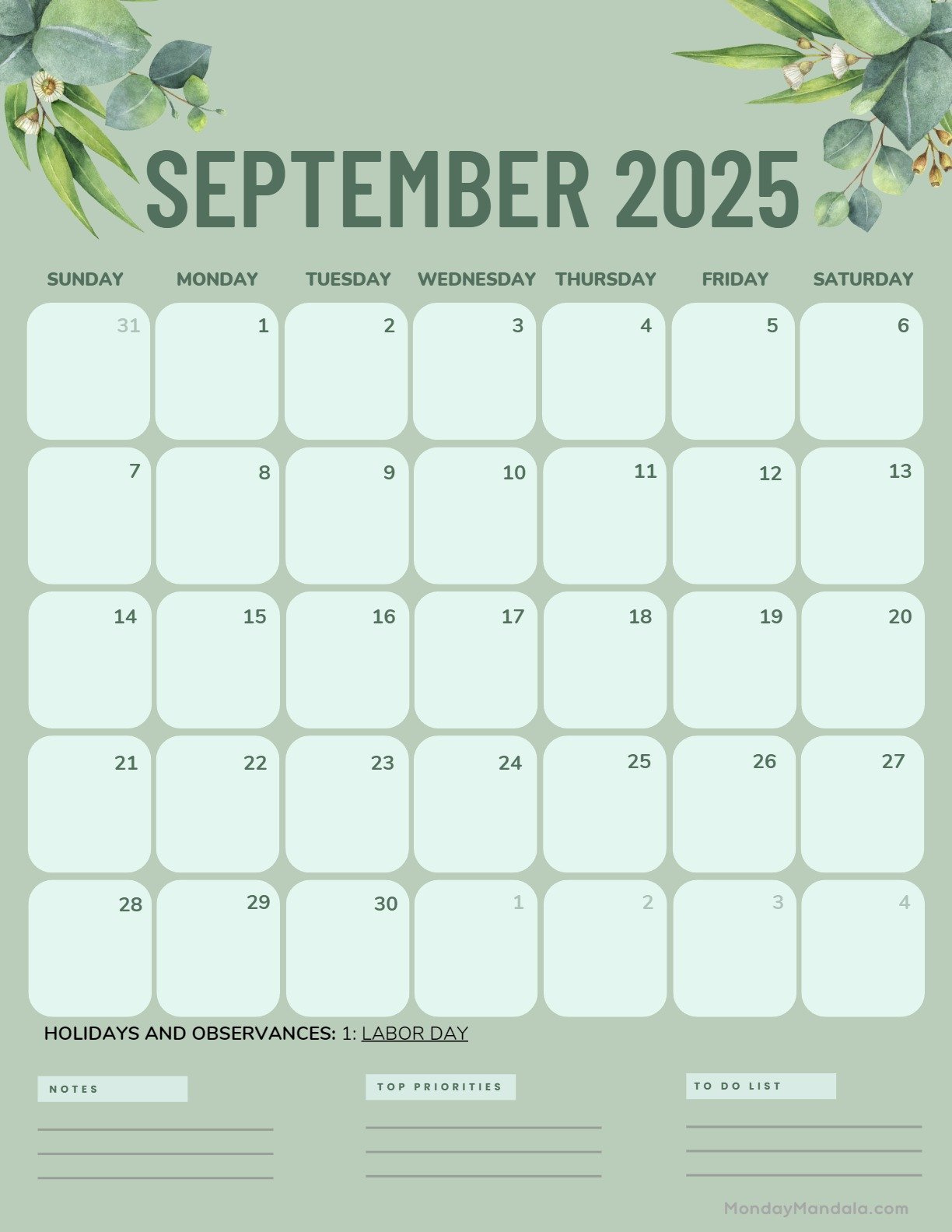 September 2025 Calendar (52 Free Pdf Printables) in September 2025 Calendar Green