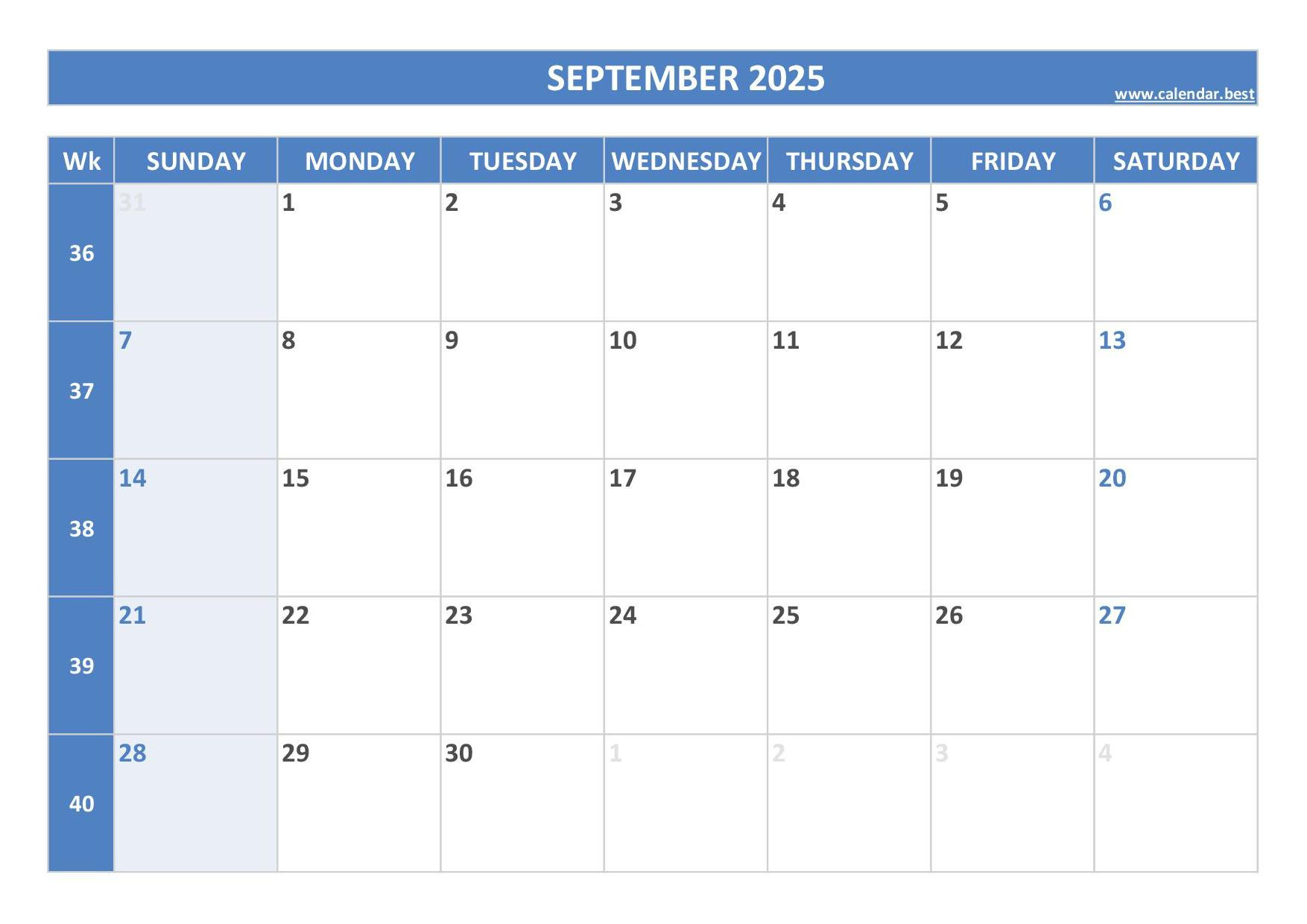 September 2025 Calendar -Calendar.best in September Weekly Calendar 2025