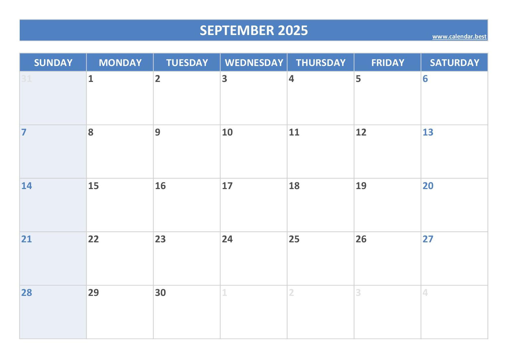 September 2025 Calendar -Calendar.best throughout Calendar 2025 September