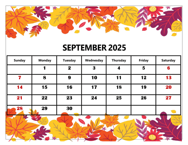 September 2025 Calendar with Holidays Printable Free Download