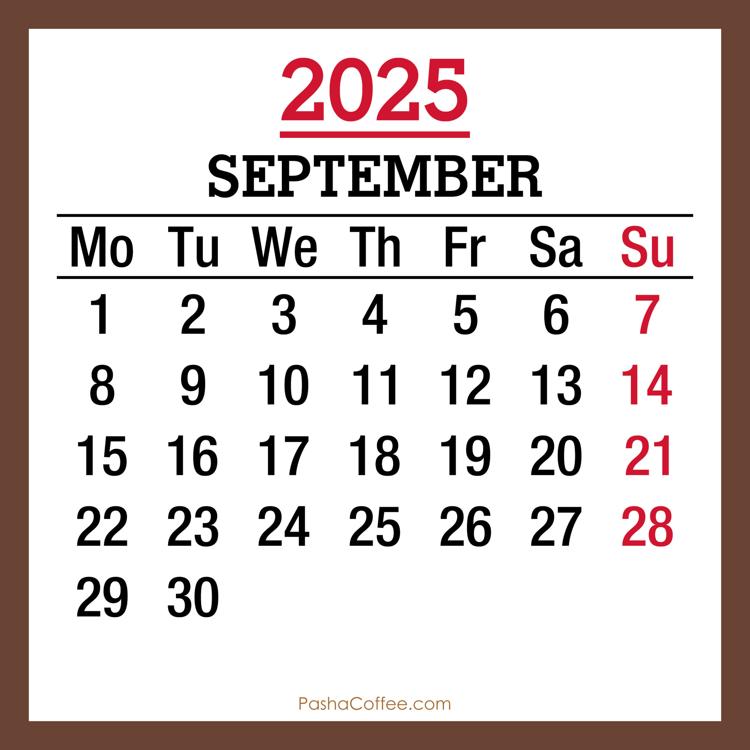 September 2025 Monthly Calendar, Printable Free, Brown, Monday inside September 2025 Calendar Monday Start