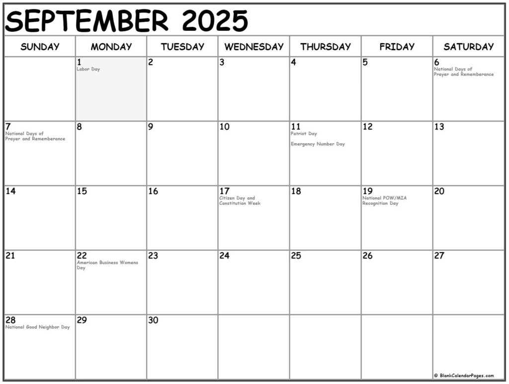 September 2025 With Holidays Calendar With September National Day Calendar 2025