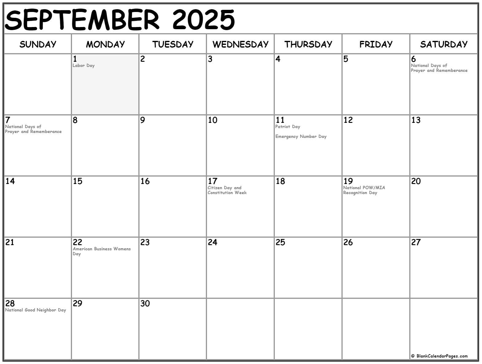 September 2025 With Holidays Calendar with September National Day Calendar 2025