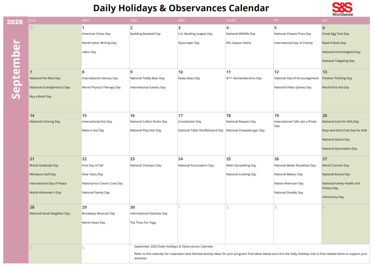 September Daily Holidays &amp;amp; Observances Printable Calendar - S&amp;amp;S Blog intended for September National Day Calendar 2025
