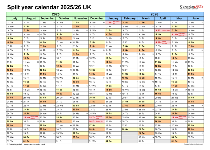 Calendar September 2025 to July 2026