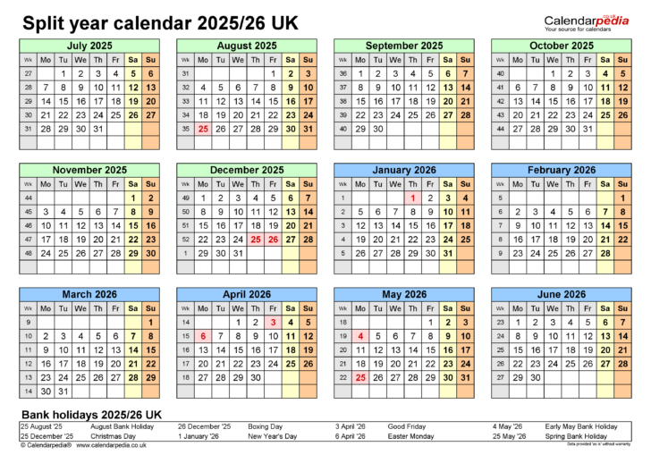 Year Calendar September 2025-July 2026